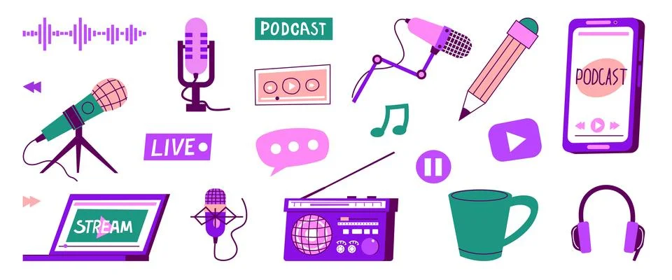 Podcast elements. Microphone laptop and headphones. Entertainment show stre.. 스톡 일러스트