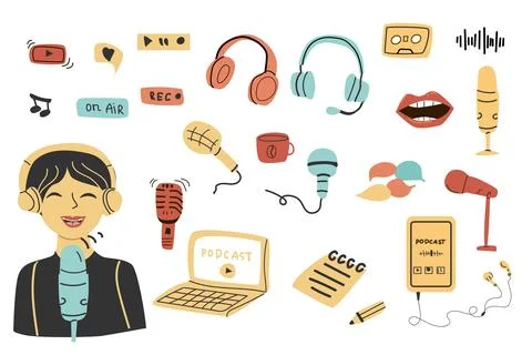 Podcast elements set with woman in flat style Stock Illustration