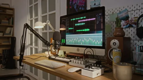 Podcast Home Studio Setup with Audio Editing Software on Computer Screen Video stock 337509558