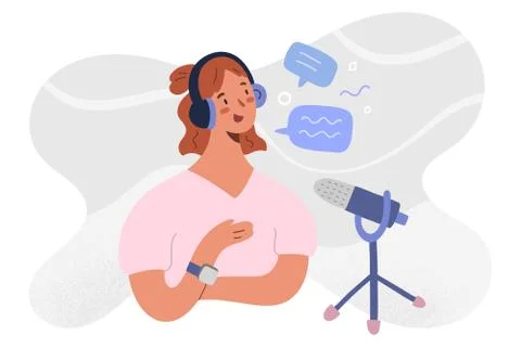 Podcast host recoding, streaming an series of online radio episode. Woman Stock Illustration