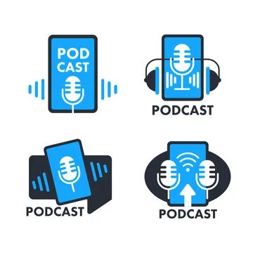 Podcast icon, logo. Studio table microphone with broadcast. Radio show. Audio Stock-Illustration