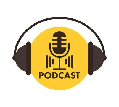 Podcast icon, logo. Studio table microphone with broadcast. Radio show. Audio Illustrazione stock