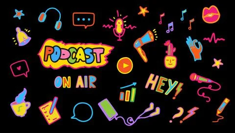 Podcast icons elements set wit doodle hand drawn vibrant fluo elements Stock Illustration