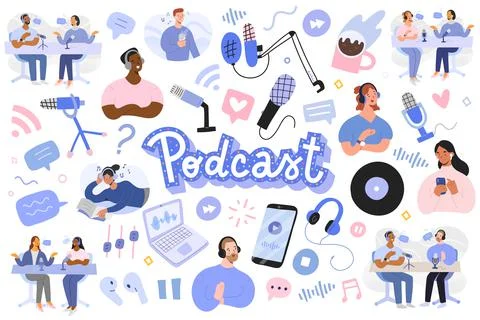 Podcast illustrations bundle, podcasters and listeners, host and guest recording Stock Illustration