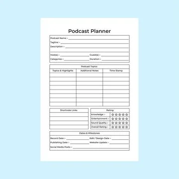 Podcast info tracker KDP interior. Podcast regular topic planner and sponso.. Stock Illustration