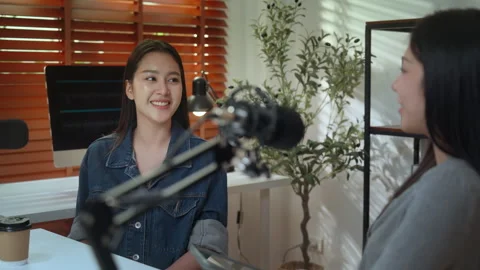 Podcast interview content creator storytelling conversation with microphone.. Stock Footage 340131737
