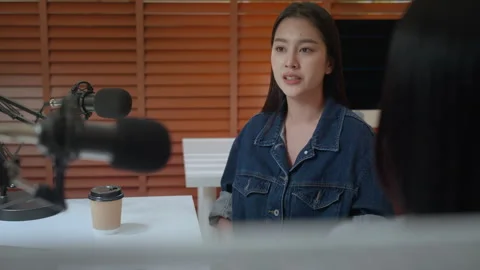 Podcast interview creator content storytelling studio microphone coffee you.. Stock Footage 340133090