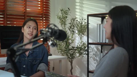 Podcast interview storytelling content creator microphone studio conversati.. Stock Footage 340131622