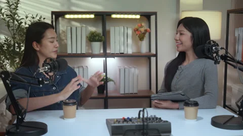 Podcast interview storytelling content creator microphone studio recording .. Stock Footage 340131661