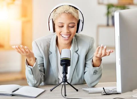 Podcast, microphone and radio with black woman at desk for influencer, blog and Stock Photos