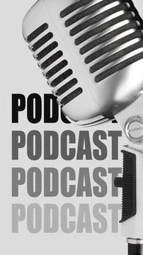 Podcast microphone with bold text in the background showing podcast title Stock Photos