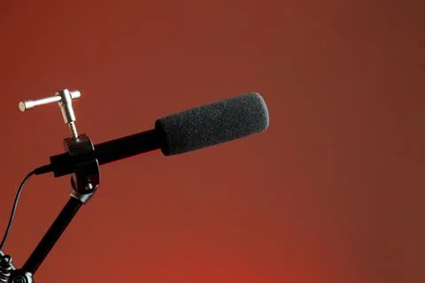 Podcast microphone on colored background with copy space. mic in studio. Micr Stock Photos