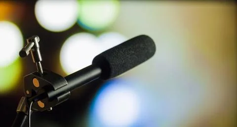 Podcast microphone on colored background with copy space. mic in studio. Micr Stock Photos
