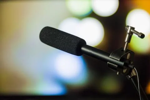 Podcast microphone on colored background with copy space. mic in studio. Micr Stock Photos