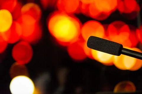 Podcast microphone on colored background with copy space. mic in studio. Micr Stock Photos