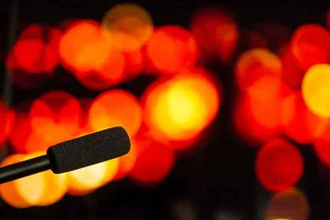 Podcast microphone on colored background with copy space. mic in studio. Micr Stock Photos