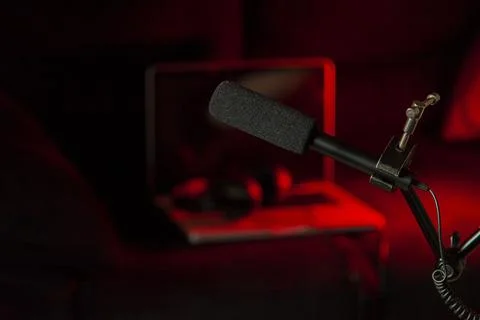 Podcast microphone on colored background with copy space. mic in studio. Micr Stock Photos