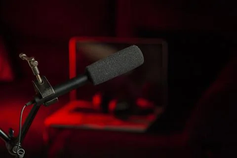 Podcast microphone on colored background with copy space. mic in studio. Micr Stock Photos