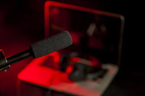 Podcast microphone on colored background with copy space. mic in studio. Micr Stock Photos