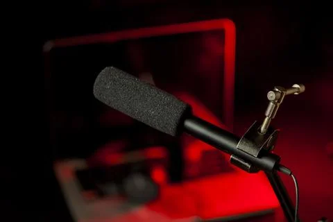 Podcast microphone on colored background with copy space. mic in studio. Micr Stock Photos