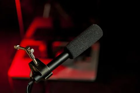 Podcast microphone on colored background with copy space. mic in studio. Micr Stock Photos