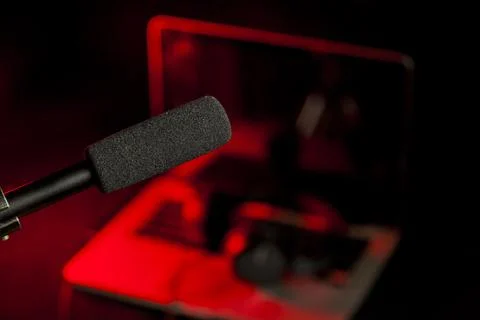 Podcast microphone on colored background with copy space. mic in studio. Micr Stock Photos