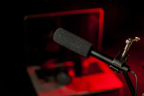 Podcast microphone on colored background with copy space. mic in studio. Micr Stock Photos