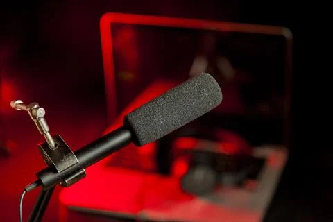 Podcast microphone on colored background with copy space. mic in studio. Micr Stock Photos