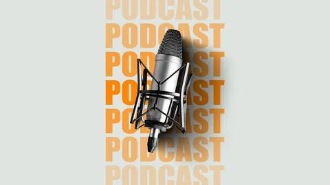 Podcast microphone in front of repeated text showing theme of audio discussion Stock Photos
