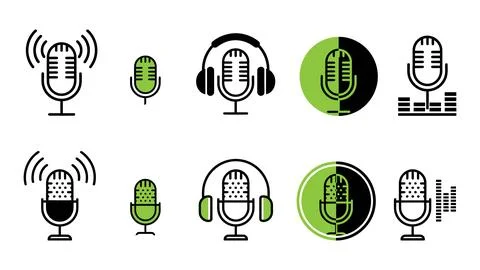 Podcast microphone icon set for audio broadcasting Stock Illustration