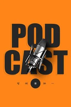 Podcast microphone on orange background with play controls and clear text Stock Photos