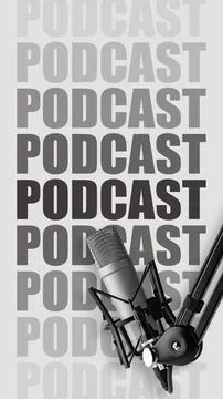 Podcast microphone setup with background text showcasing podcast theme in a Stock Photos