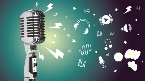 Podcast microphone with sound elements active during recording session Stock Photos