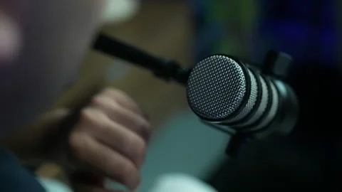 Podcast Microphone Swinging Into Position in Studio Stock Footage 336560448