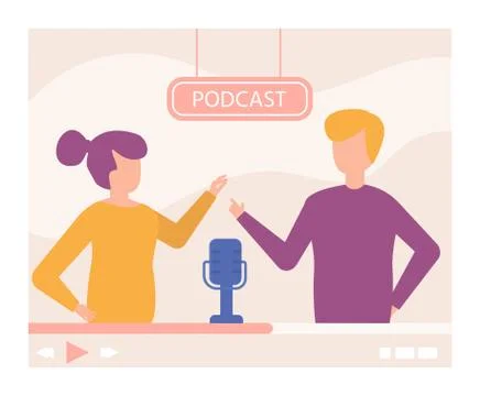 Podcast online video tutorial, media technology vector illustration. Man woman Illustrazione stock