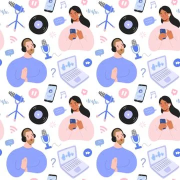 Podcast pattern, hand drawn collage illustration with podcast hosts and Stock Illustration