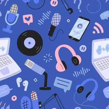 Podcast pattern, seamless texture, various microphones, mic, headset, speaker Stock Illustration