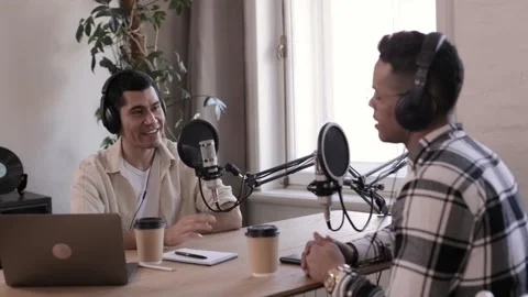 Podcast programme recording skilled presenter and black man Epspb Stock Footage 162228777
