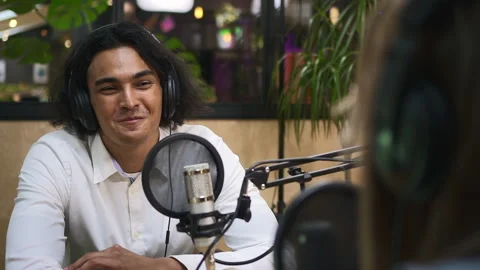 Podcast radio program broadcasting man talks about business Spbd Video stock 158922099