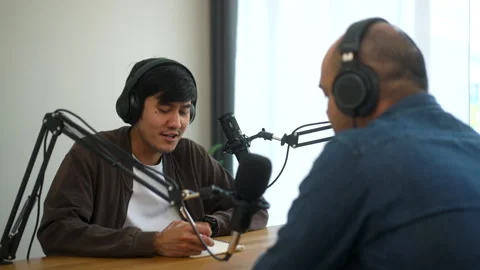 Podcast recording content creator. Two man hosting creator streaming in online. Stock Footage 236547476