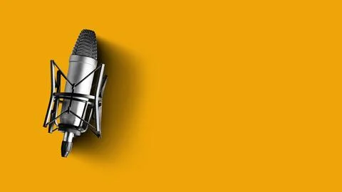 Podcast recording setup with microphone in studio against yellow background Stock Photos