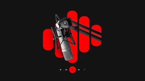 Podcast recording studio setup featuring a microphone and sound waves visual Stock Photos