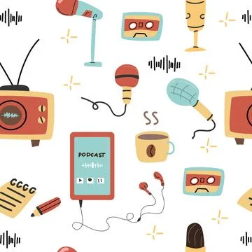 Podcast seamless pattern background with audio elements isolated Stock Illustration