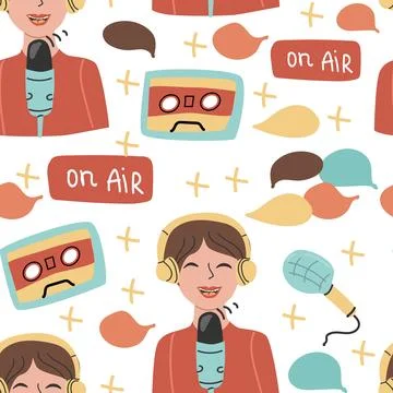 Podcast seamless pattern background with audio elements isolated Stock Illustration
