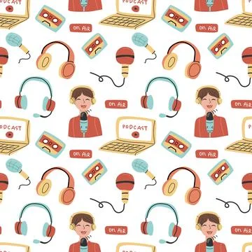 Podcast seamless pattern background with audio video elements isolated Illustrazione stock