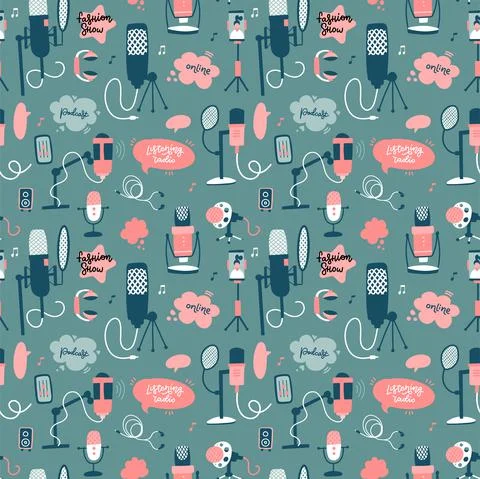 Podcast seamless pattern with mikes. Flat hand drawn vector illustration. Stock Illustration