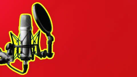 Podcast setup with microphone on red background ready for recording session Stock Photos