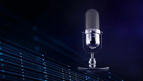 Podcast. Silver microphone on tech connection dots and lines background. Conn Illustrazione stock