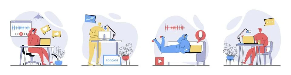 Podcast streaming concept set in flat design for web. Collection with people  Stock Illustration