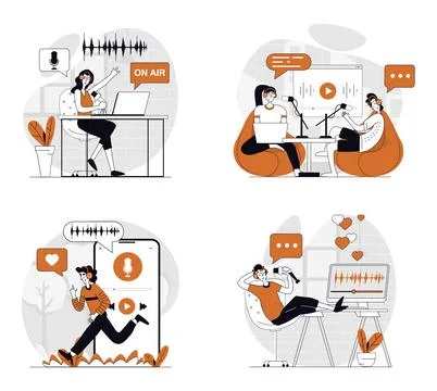 Podcast Streaming Flat Concepts Stock Illustration